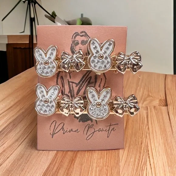 Set of White Rabbit with Rhinestones Bow Rodegold Metal Hairclips - Picture 2 of 2